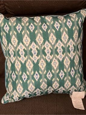 Tommy Bahama Teal Ikat Accent Pillow with White and Light Blue Motif
